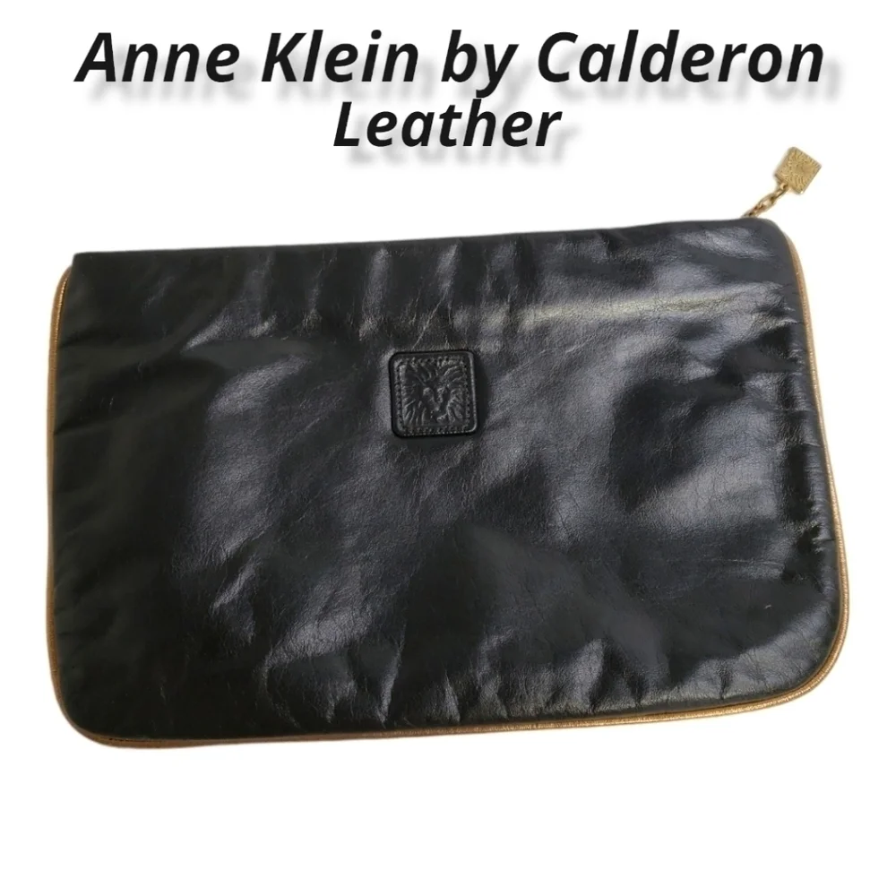 Anne Klein Clutch Bag By Calderon Black Leather with Bronze Trim EUC